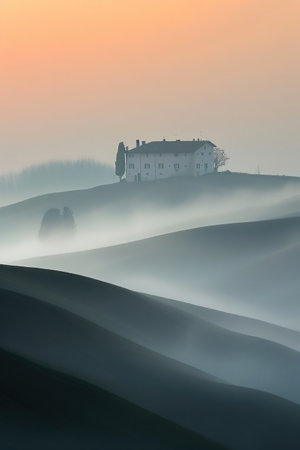 A serene Tuscan landscape bathed in mist during a peaceful sunrise, with a lone house on a hillの素材