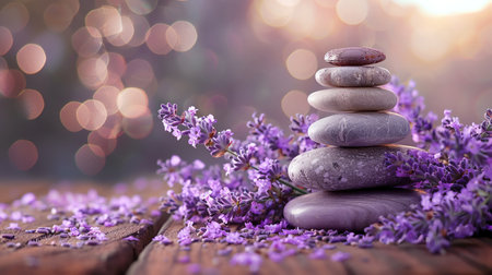A tranquil arrangement of zen stones and fresh lavender flowers on a wooden surface against a blurred natural backdropの素材