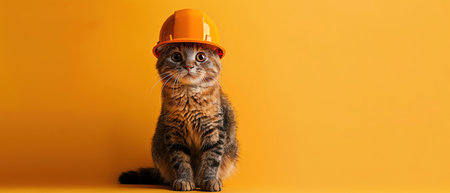 Cat with construction hat, yellow background, standing pose, medium shotの素材