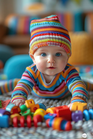 Baby in a colorful hat and striped outfit, surrounded by toys, soft daylight, vibrant playroom, eyelevel shotの素材