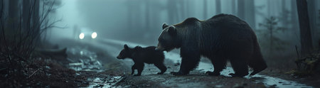Bear and cub crossing a misty forest road with headlights approachingの素材