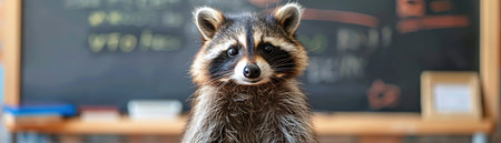 Cute raccoon standing by whiteboard, classroom settingの素材