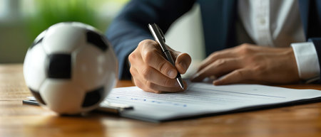 Businessman signing a contract, closeup of hand and pen, natural daylight, soccer ball on tableの素材