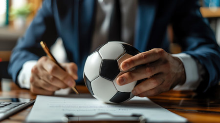 Businessman signing a contract with a soccer ball, closeupの素材