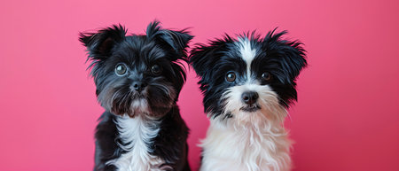 Black and white cat and dog sit side by side against a bright pink backdrop studio lightingの素材