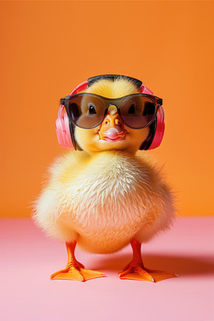 Duck with sunglasses and headphones, orangepink backgroundの素材