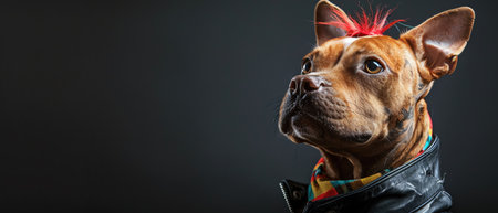 Dog with vibrant mohawk and leather jacket, dark backgroundの素材