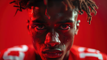 Football player in red uniform, intense gaze, red background, closeupの素材