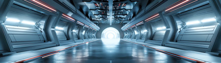 Futuristic corridor, symmetrical, bright light, vanishing point, wide shotの素材