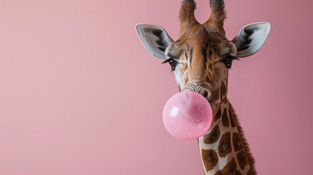 Giraffe blowing bubblegum, pink background, playful shotの素材