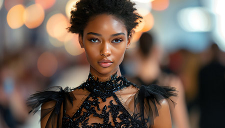 Fashion model walking on the runway in a classic dress during a fashion show eventの素材