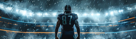 Football player standing in stadium, dramatic lighting, back viewの素材