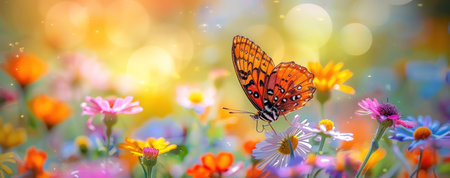 Enchanted garden with colorful flowers and butterflies Macro shot, vibrant, whimsicalの素材