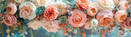 Enchanted floral wedding arch with pastel flowers, dreamyの素材