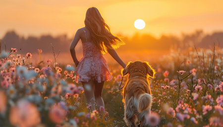 Girl running with golden retriever in flower field, sunsetの素材