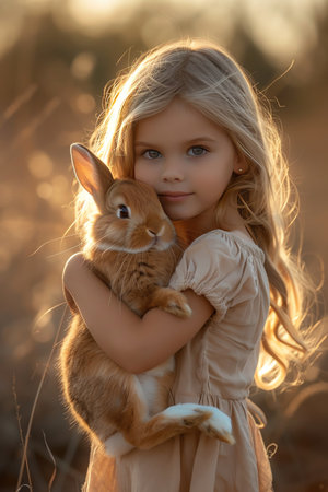 Girl holding bunny, soft sunlight, serene fieldの素材