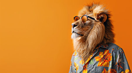 Lion in Hawaiian shirt and sunglasses, orange backgroundの素材