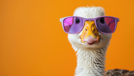 Goose with purple sunglasses, orange background, studio shotの素材