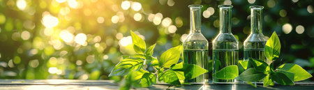 Glass beakers with plants, bright lab setting, green leavesの素材