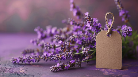 Lavender flowers adorned with a blank tag, placed on a purple surface, offer a calming visual suitable for various designs and messagesの素材