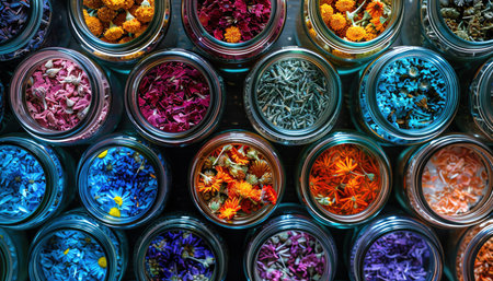 Glass jars filled with colorful dried flowers, topdown view, welllitの素材