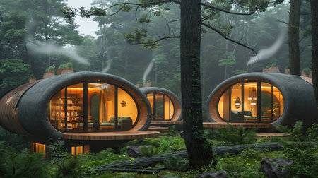 Innovative and ecofriendly podshaped homes nestled in a misty forest, depicting a sustainable living environmentの素材