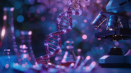 Holographic DNA strand hovering over a lab table with a microscopeの素材