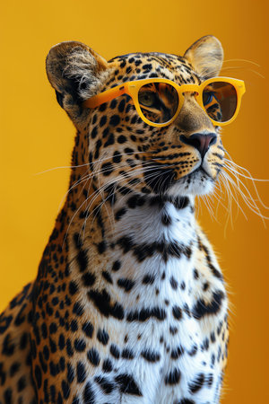 Leopard with yellow sunglasses, yellow background, stylishの素材
