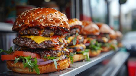 Gourmet burgers lined up at food truck, vibrant street sceneの素材