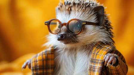 Hedgehog in a suit with sunglasses, yellow background, quirkyの素材