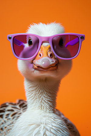 Goose with purple sunglasses, orange background, closeup, bright studio lightingの素材