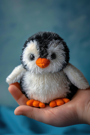 Plush penguin toy held in hand, blue background, sharp focus, soft textures, intimate closeupの素材