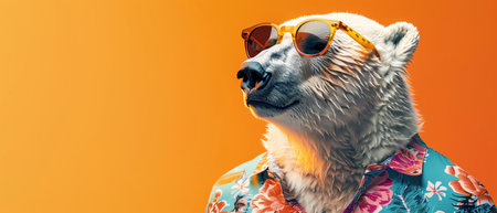 Polar bear in floral shirt and sunglasses, orange backgroundの素材