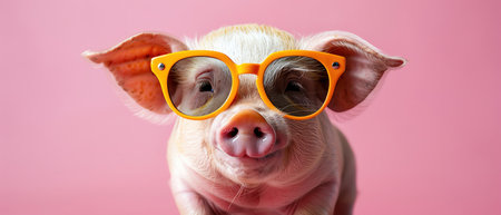 Pig wearing sunglasses, pink background, playful portraitの素材