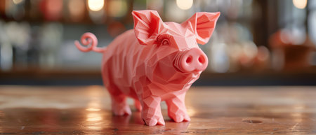 Pink plastic pig craft with curly tail on a tableの素材