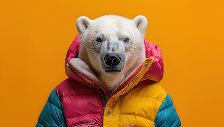 Polar bear wearing a colorful jacket, bright orange background, studio lighting, surreal portraitの素材