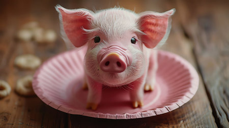 Pink paper plate pig craft with big eyes and earsの素材