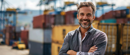 Smiling businessman with arms crossed at a busy shipping yard, containers in background, natural daylight, vibrant and energeticの素材