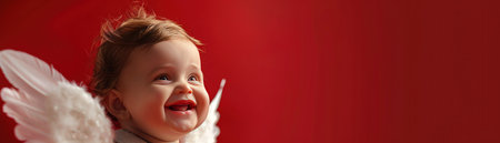 Smiling baby with angel wings against a solid red backgroundの素材