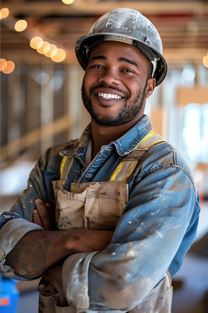 Smiling construction worker with arms crossed in a busy renovation siteの素材