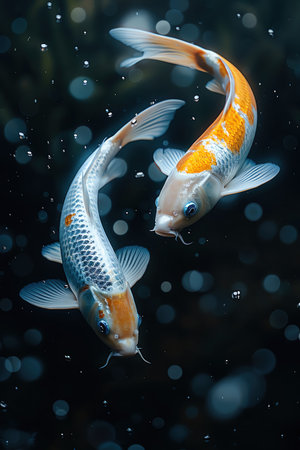 Two ethereal koi fish glide through dark waters, creating a serene underwater dance in a tranquil pondの素材