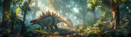 Stegosaurus in a lush prehistoric jungle, dappled sunlight through trees, misty, detailed foliageの素材