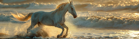 White horse galloping along the beach, waves crashing aroundの素材