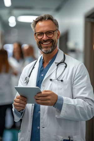 Smiling doctor holding a tablet in a hospital hallway, colleagues in the backgroundの素材