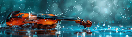 Violin splashing into water with music notes, artistic teal backgroundの素材