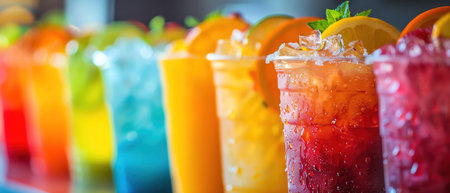 Row of colorful slushie drinks with ice and fruit, shallow depth of field, vibrant colors, studio lightingの素材