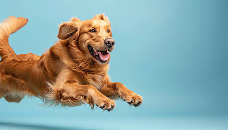 An exuberant golden retriever leaping happily against a blue background, full of energy and excitementの素材