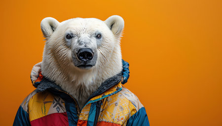 Polar bear wearing a colorful jacket, bright orange background, studio lighting, surreal portraitの素材
