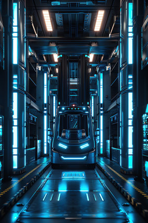 A futuristic warehouse showcasing a hightech autonomous forklift with glowing blue lights and advanced technologyの素材