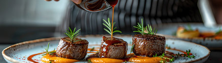 A sophisticated culinary presentation of a gourmet dish with a hand pouring a delicate sauce over a pureed garnish and roasted foodの素材